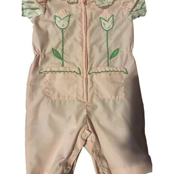 Vintage Pink Baby Jumper With Tulip Embroidery & Front Pockets 0-3 Months - Picture 3 of 6
